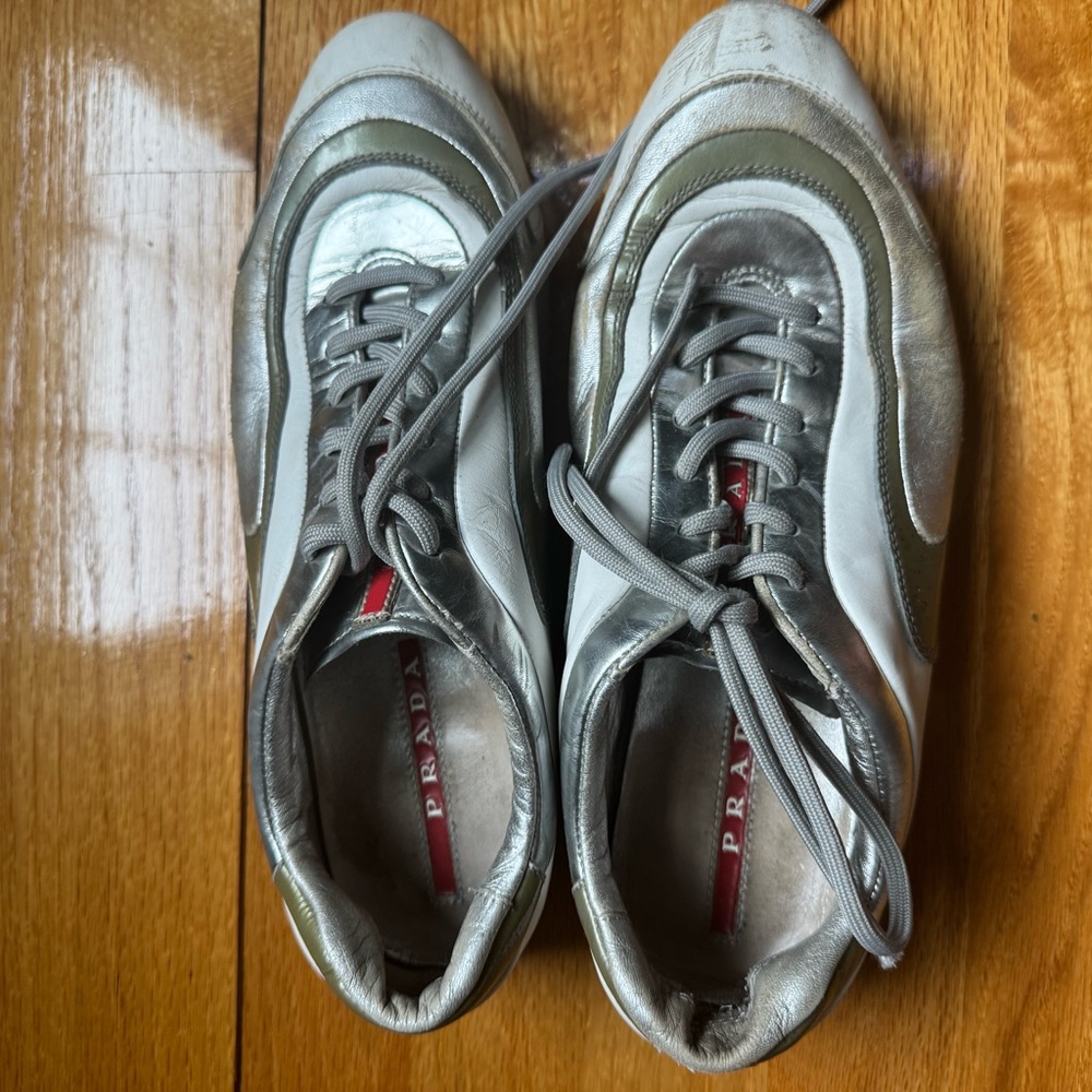 Prada Men's Silver and White Sneakers